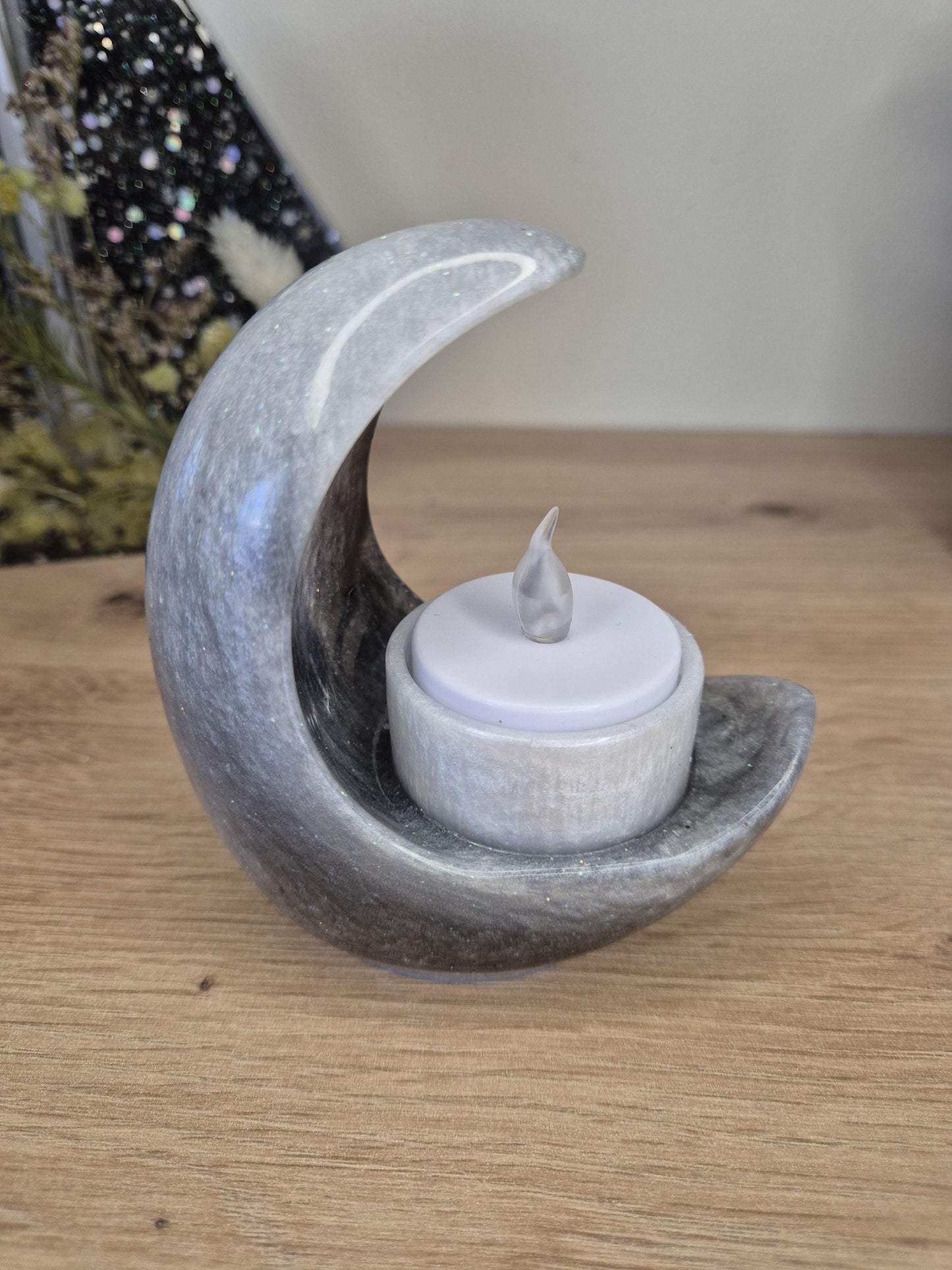 Moon shaped candle holder with led light