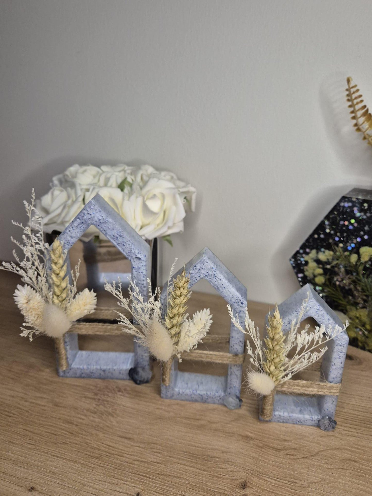 Handmade set of 3 decorative resin houses
