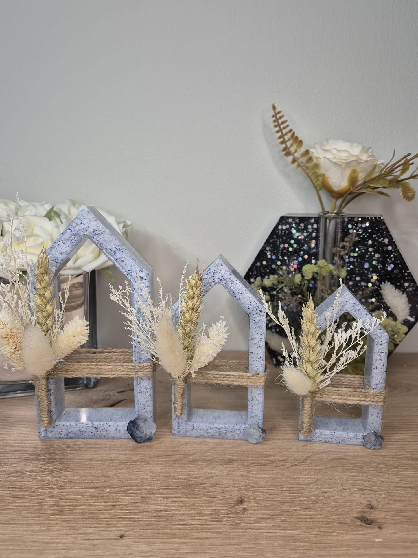 Handmade set of 3 decorative resin houses