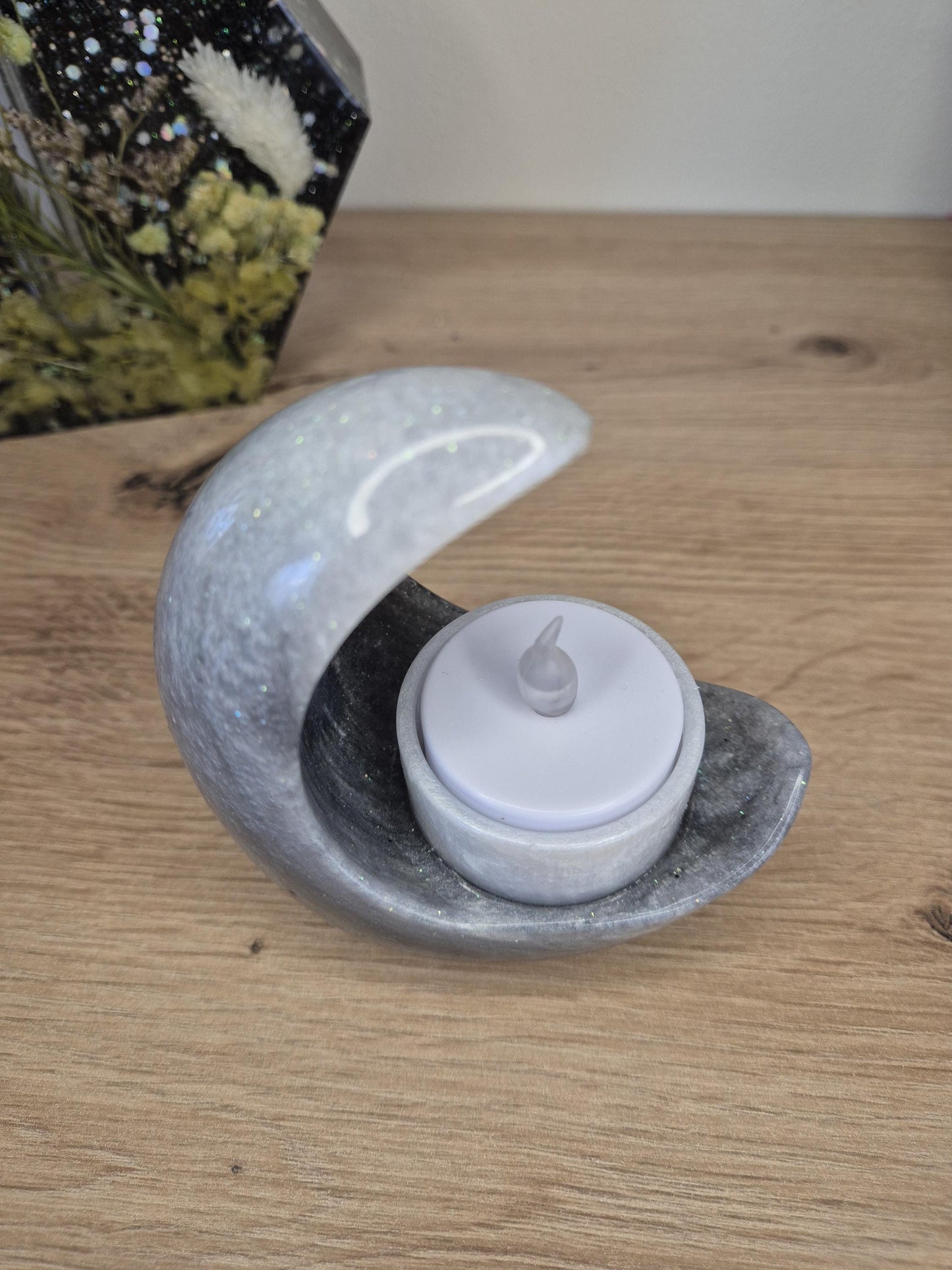 Moon shaped candle holder with led light