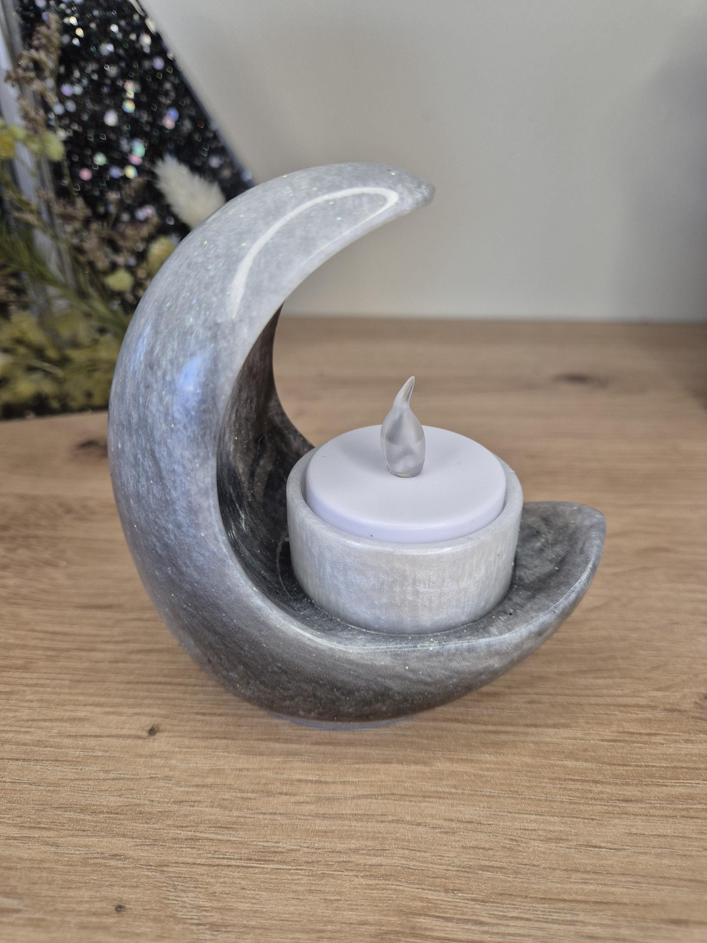 Moon shaped candle holder with led light