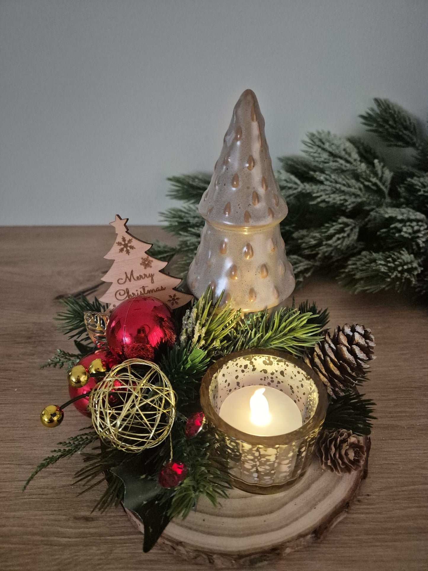 Handmade Christmas centrepiece decorations tealight holder
