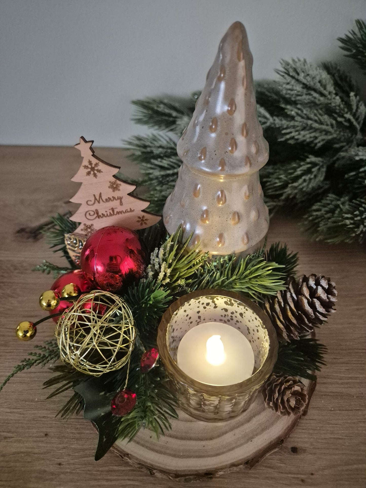 Handmade Christmas centrepiece decorations tealight holder
