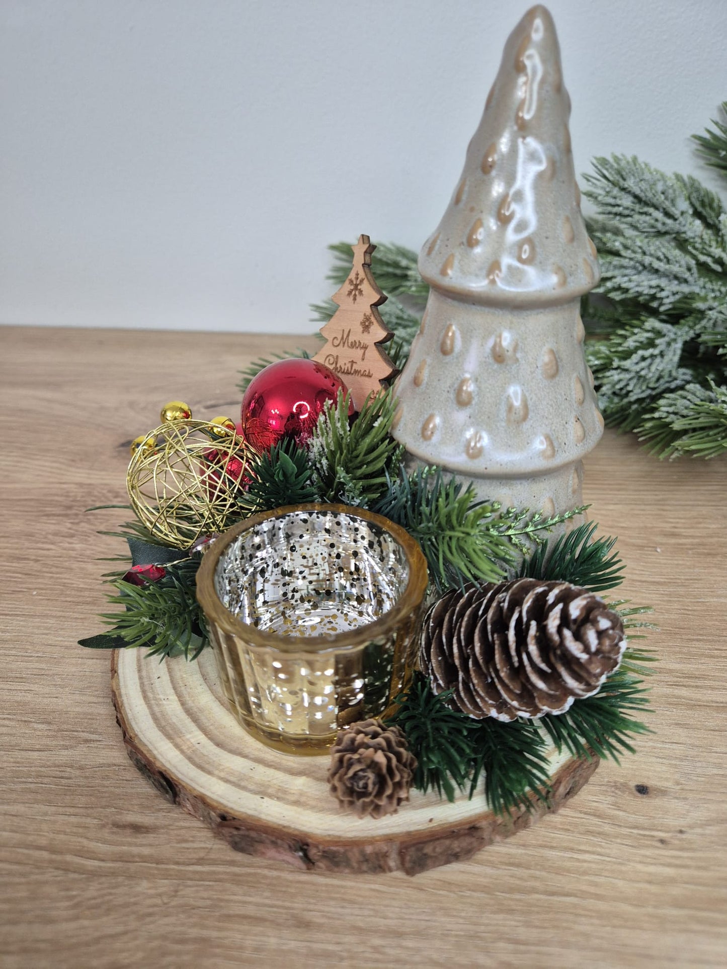 Handmade Christmas centrepiece decorations tealight holder