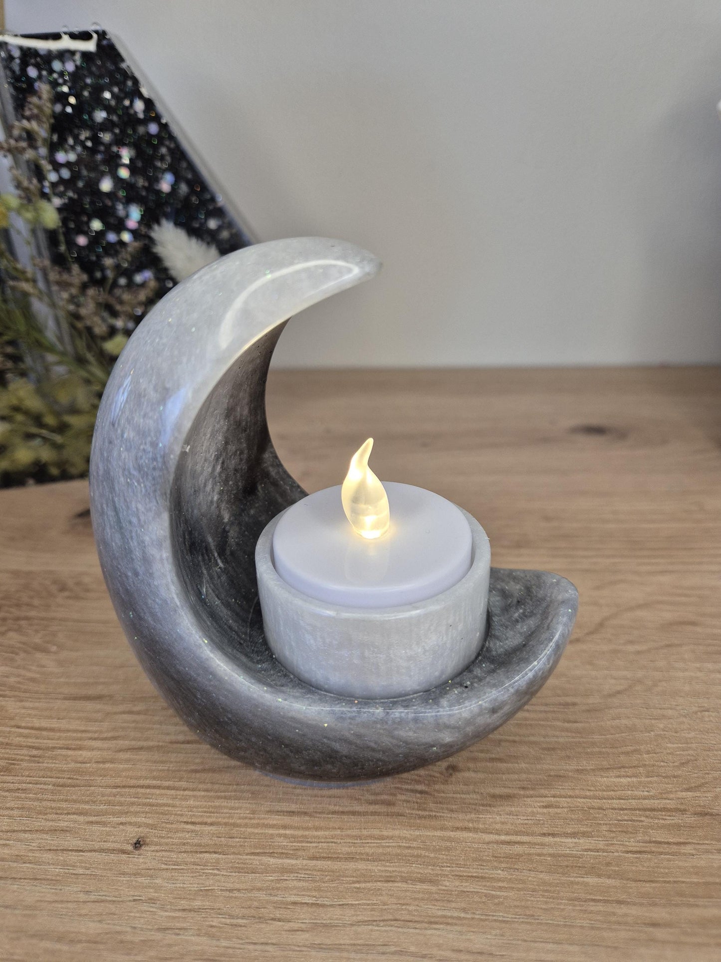 Moon shaped candle holder with led light