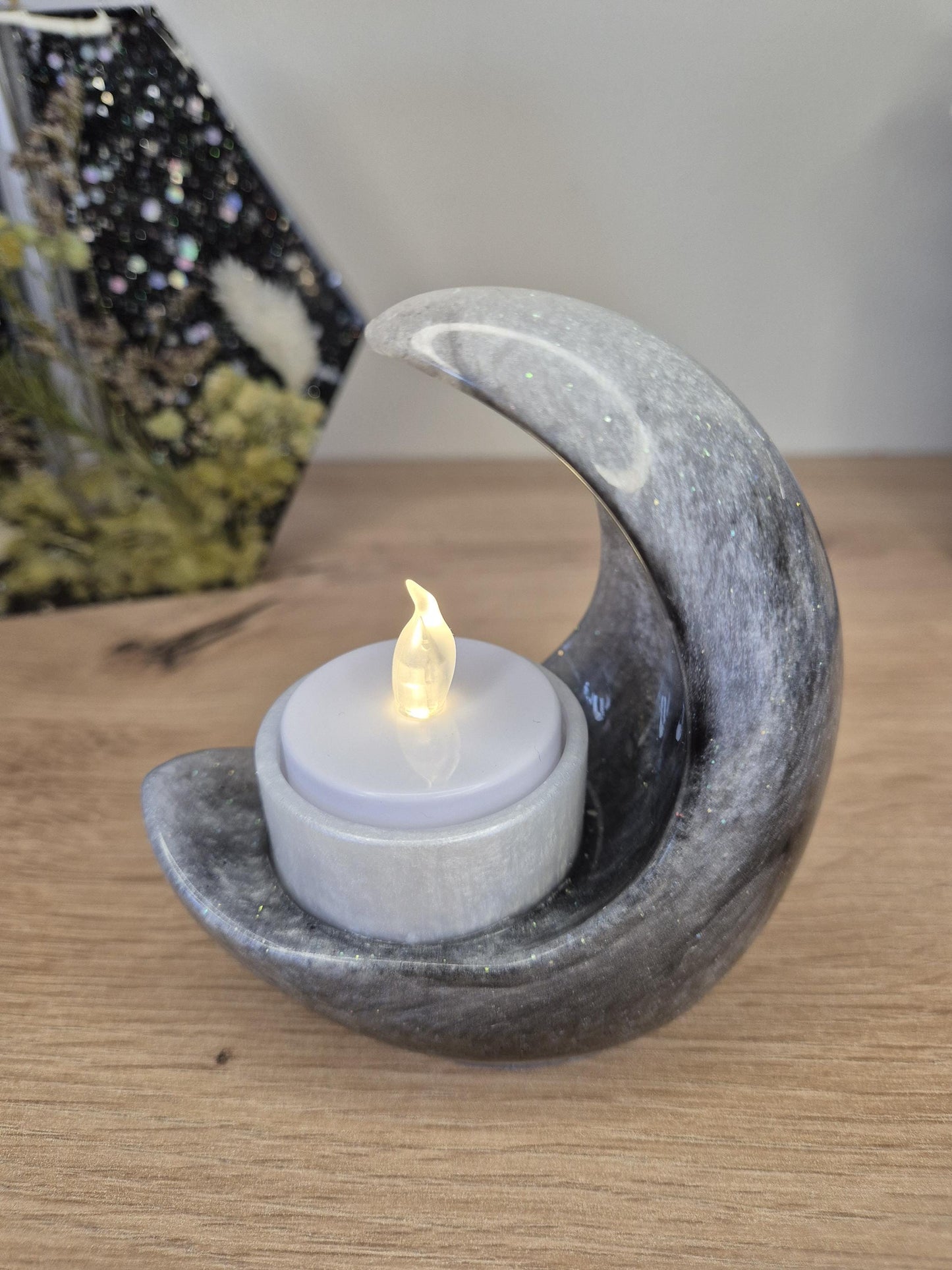 Moon shaped candle holder with led light